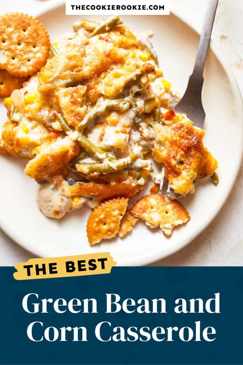 green bean and corn casserole on a plate with a fork.