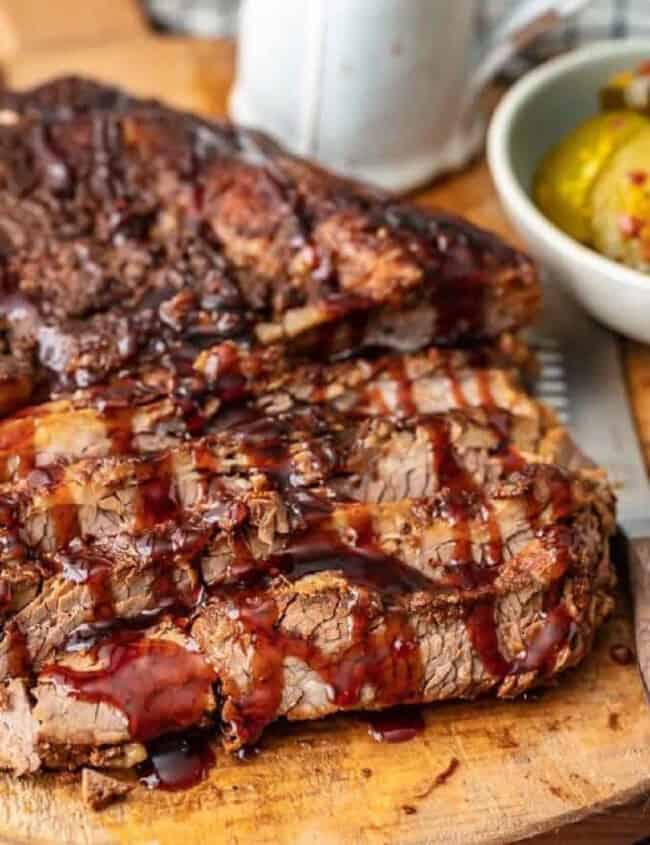 beef brisket drizzled with bbq sauce