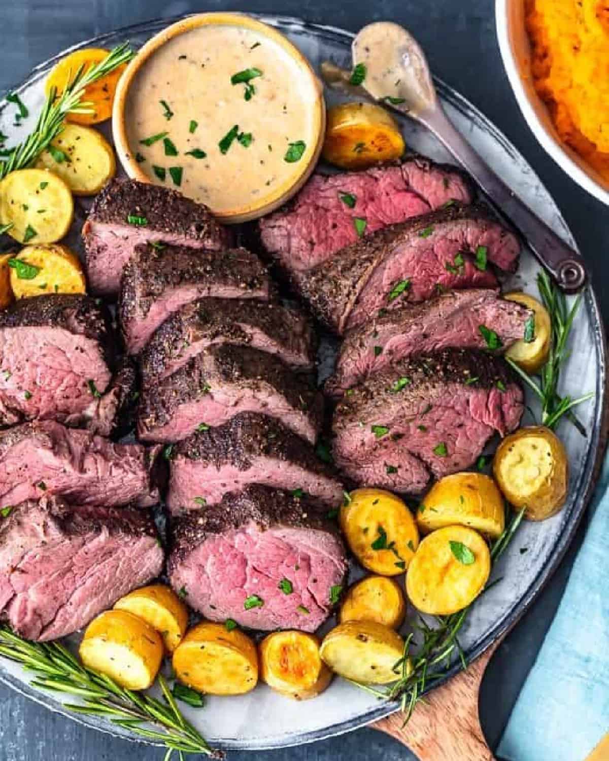 overhead shot of sliced. beef tenderloin