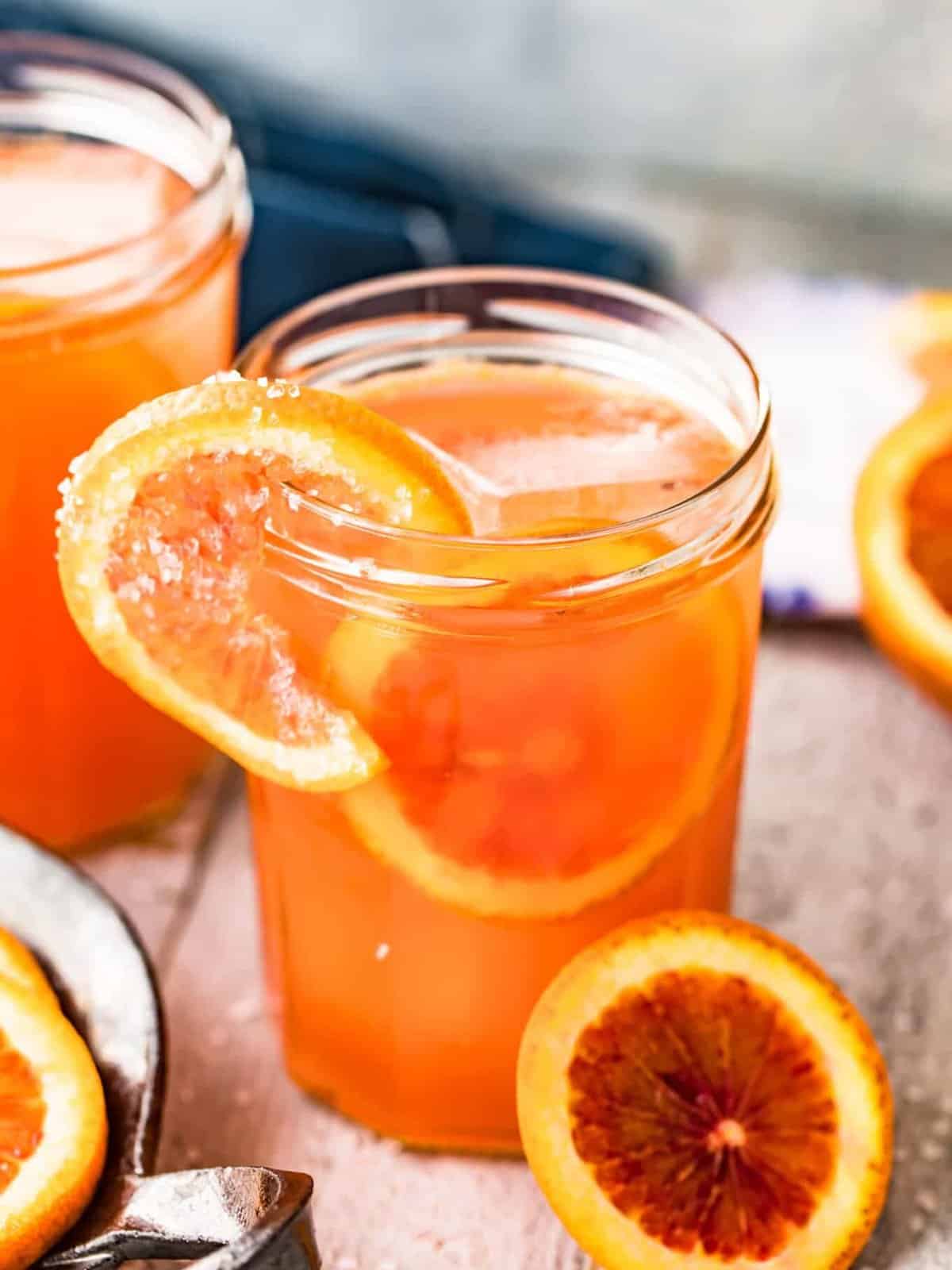 blood orange Paloma in a jar glass