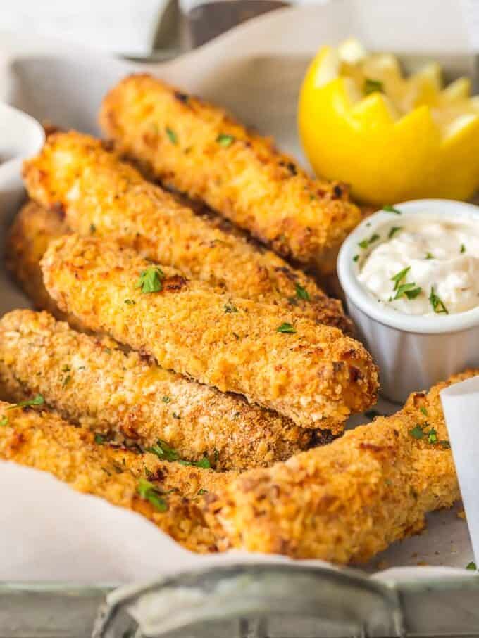 Homemade fish sticks recipe with a side of tartar sauce