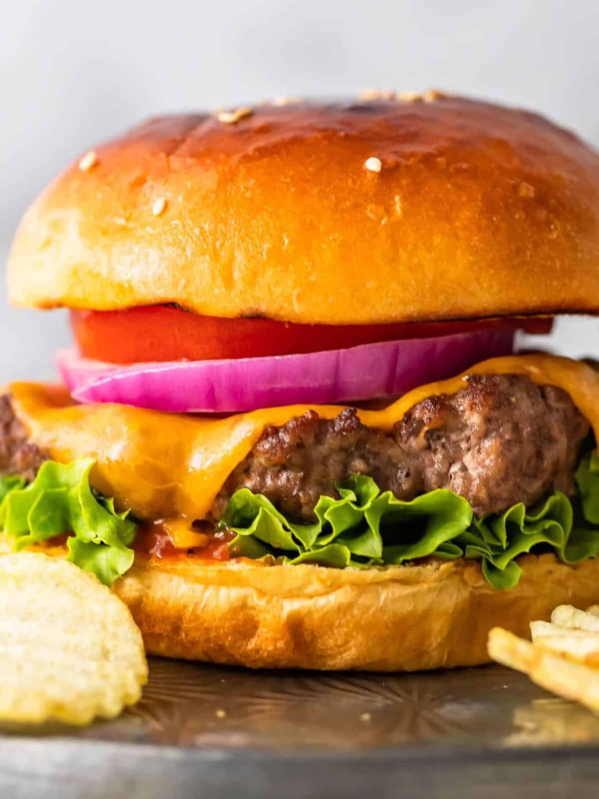 close up on a cheeseburger topped with tomato and onion slices