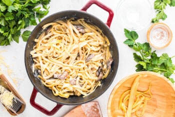 pot fun of creamy mushroom pasta