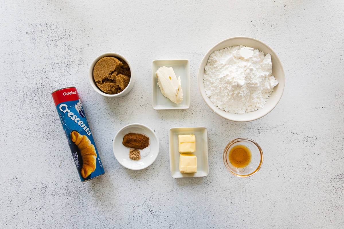 overhead view of ingredients for mini cinnamon rolls.