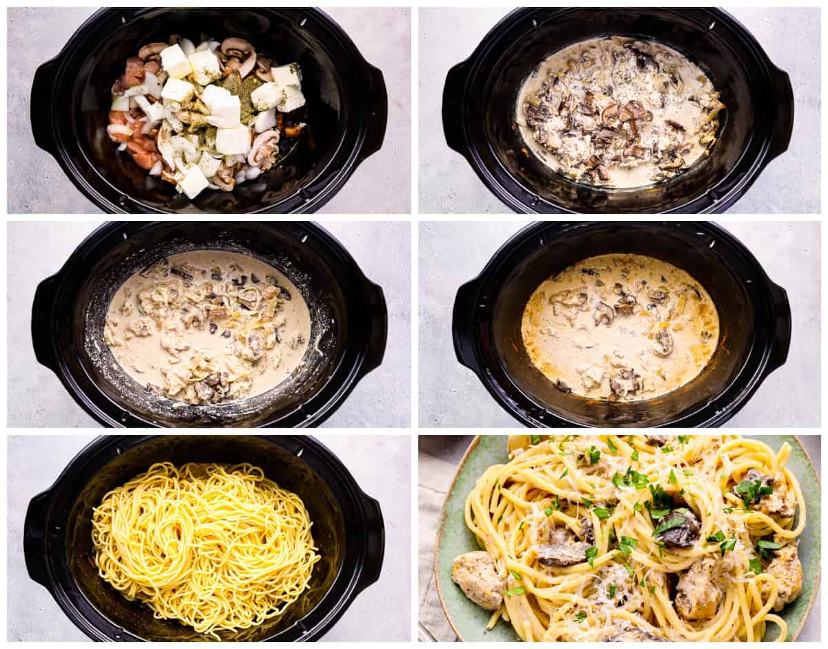 a series of photos showing how to make chicken tetrazzini in a slow cooker.