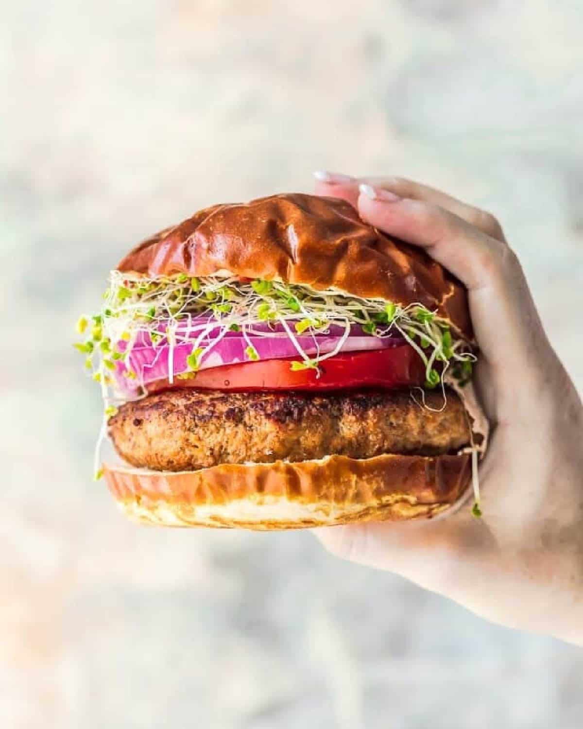 hand holding up turkey burger