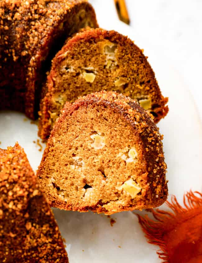 a bundt cake with a slice taken out.