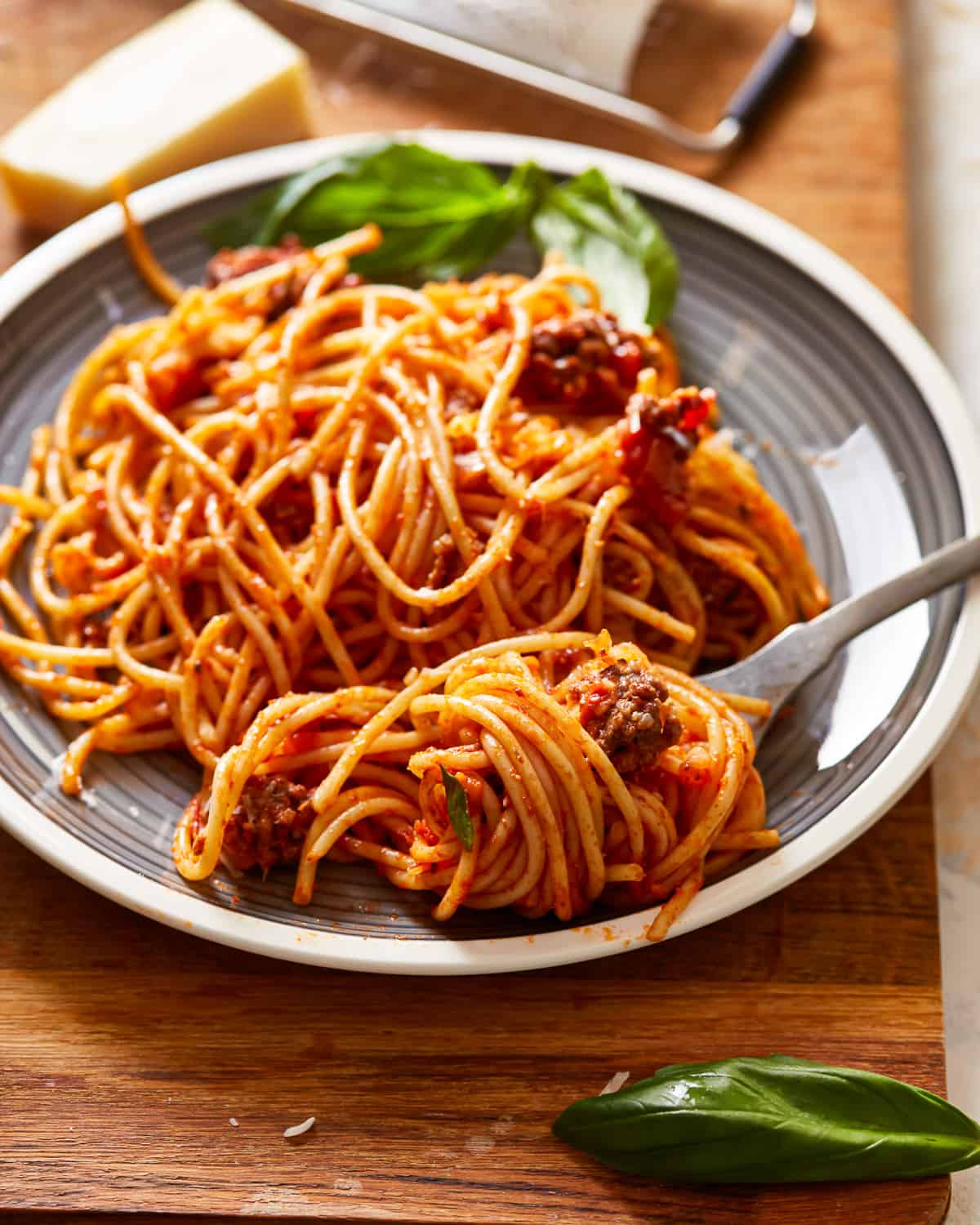 spaghetti with meat sauce on a plate.