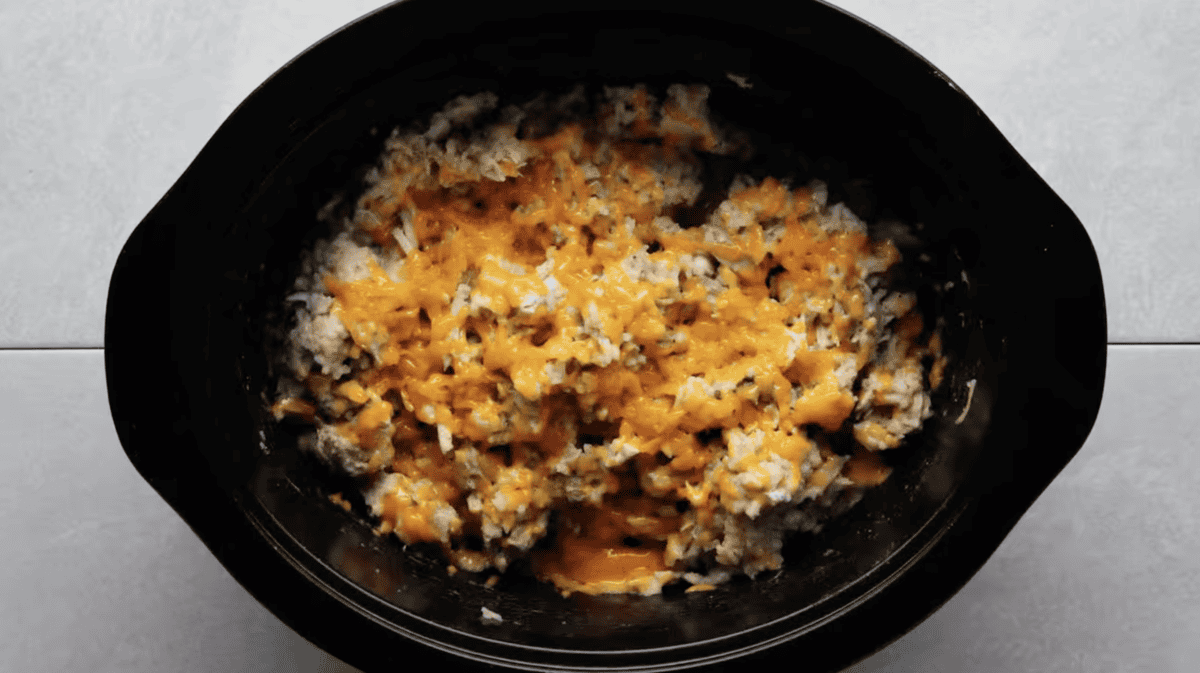 cheesy chicken and rice in a crockpot.