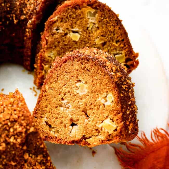 a bundt cake with a slice taken out.