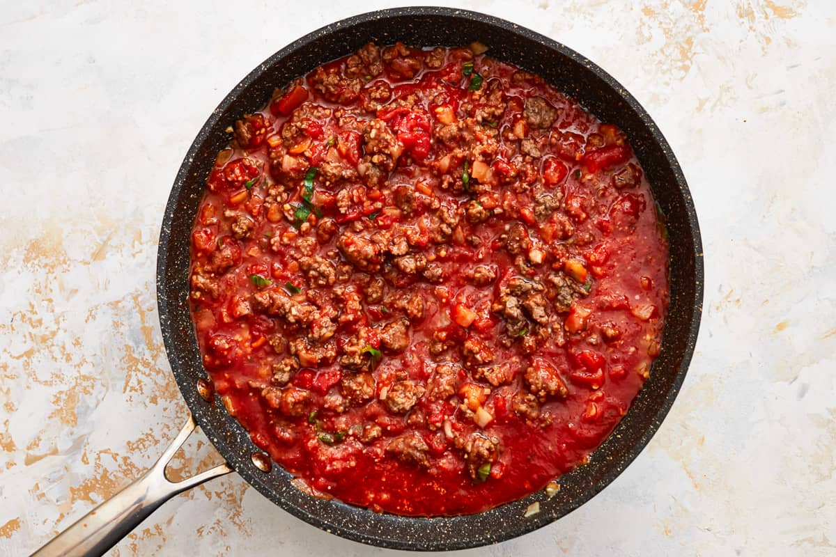 Meat sauce in a skillet.