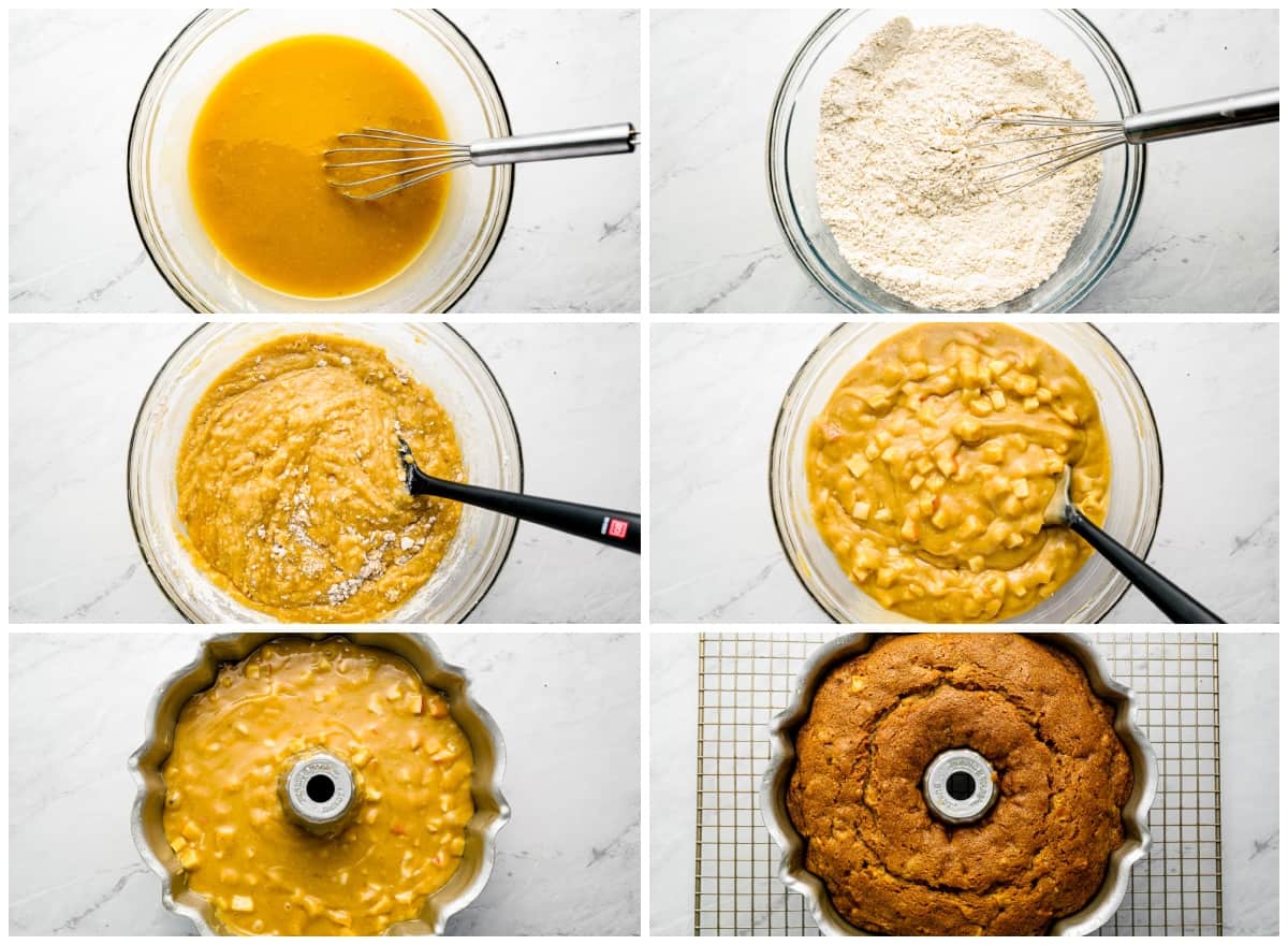 a series of photos showing how to make an apple bundt cake.