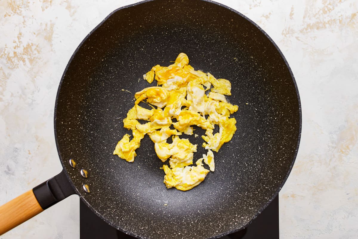 Fried eggs in a frying pan.