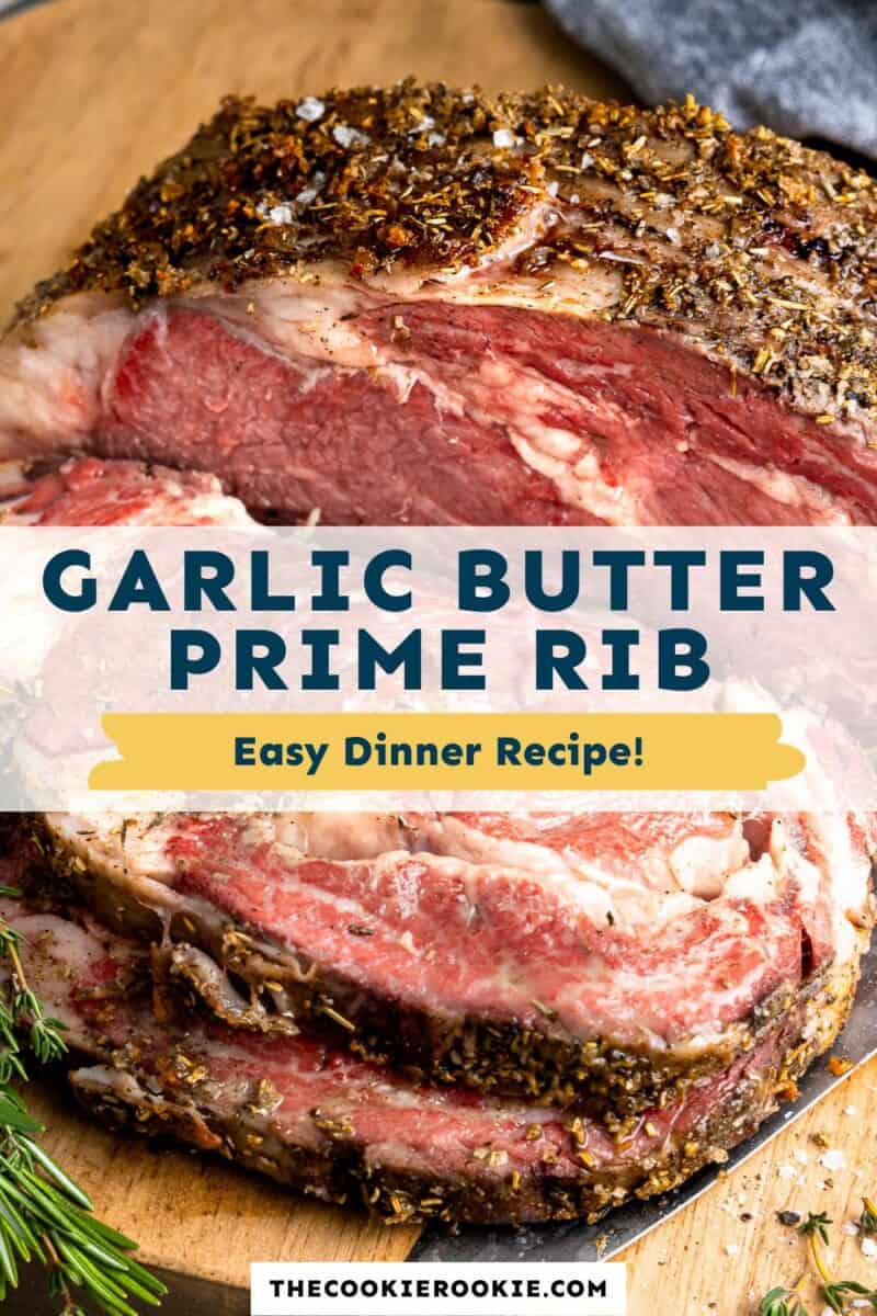 Garlic butter prime rib on a cutting board.