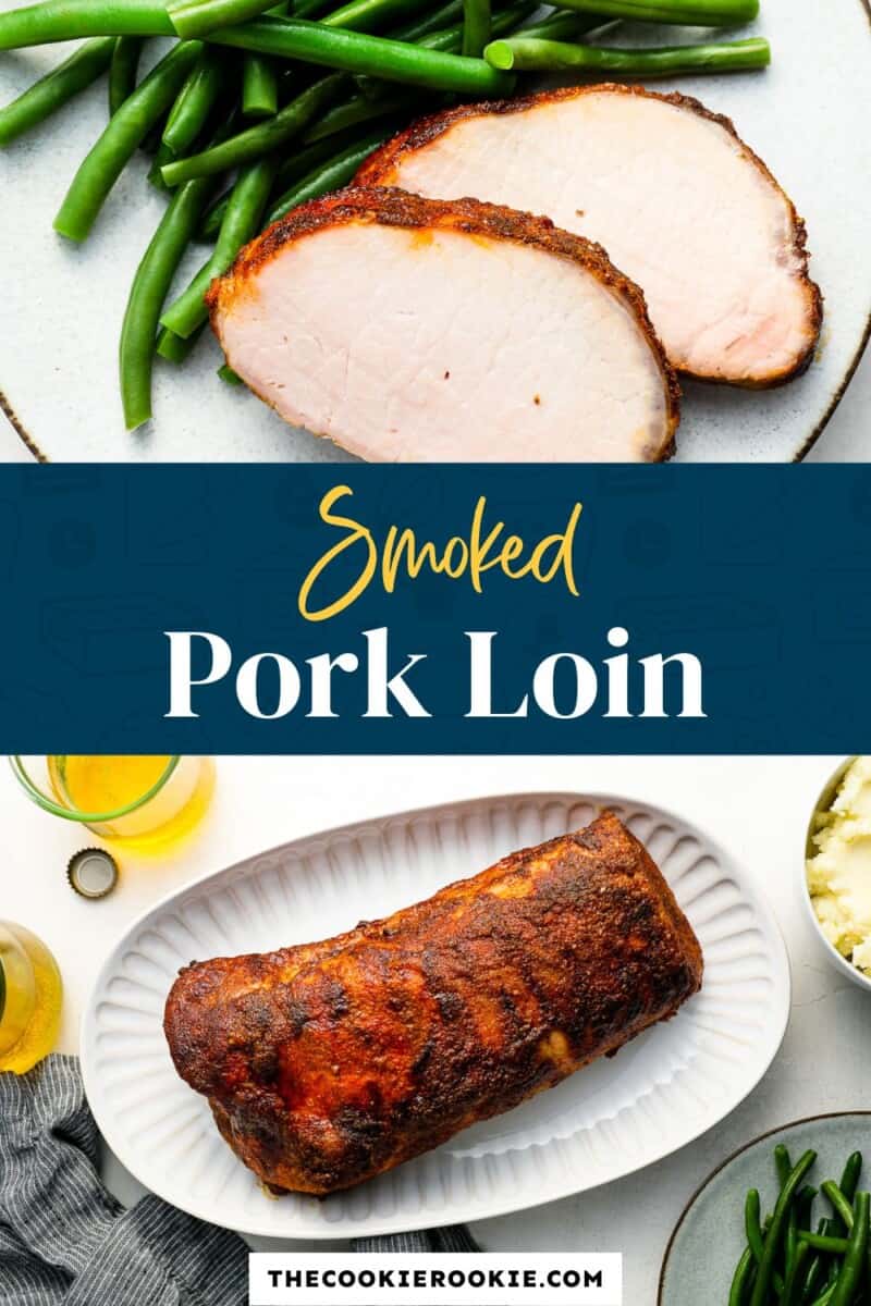 Smoked pork loin on a plate with green beans.