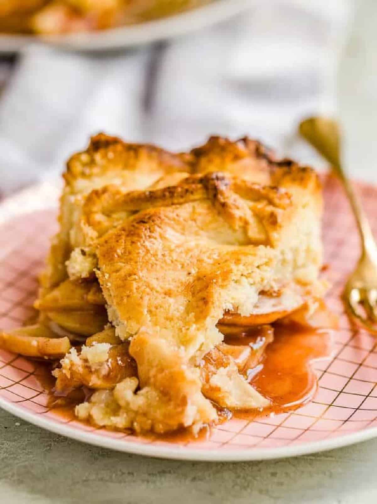 head-on view of a slice of apple pie on a pink plate.