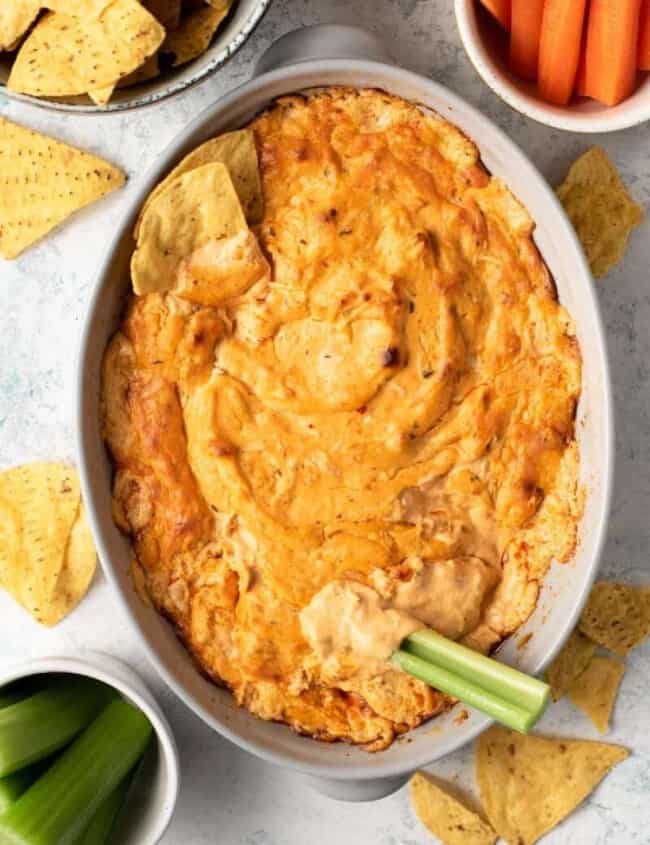 buffalo chicken dip in casserole dish