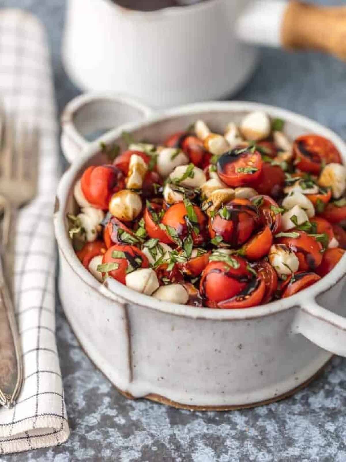 side view of caprese salad