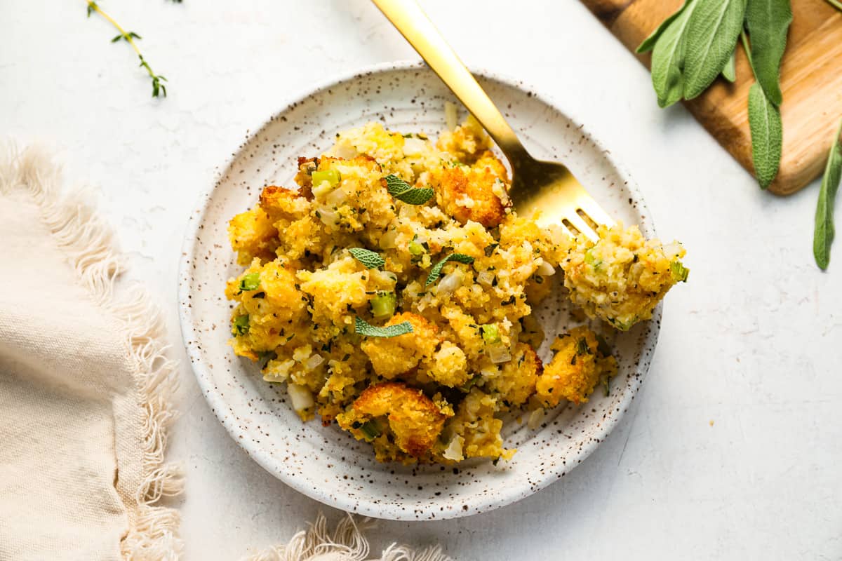 A plate of southern cornbread dressing with sage and thyme.