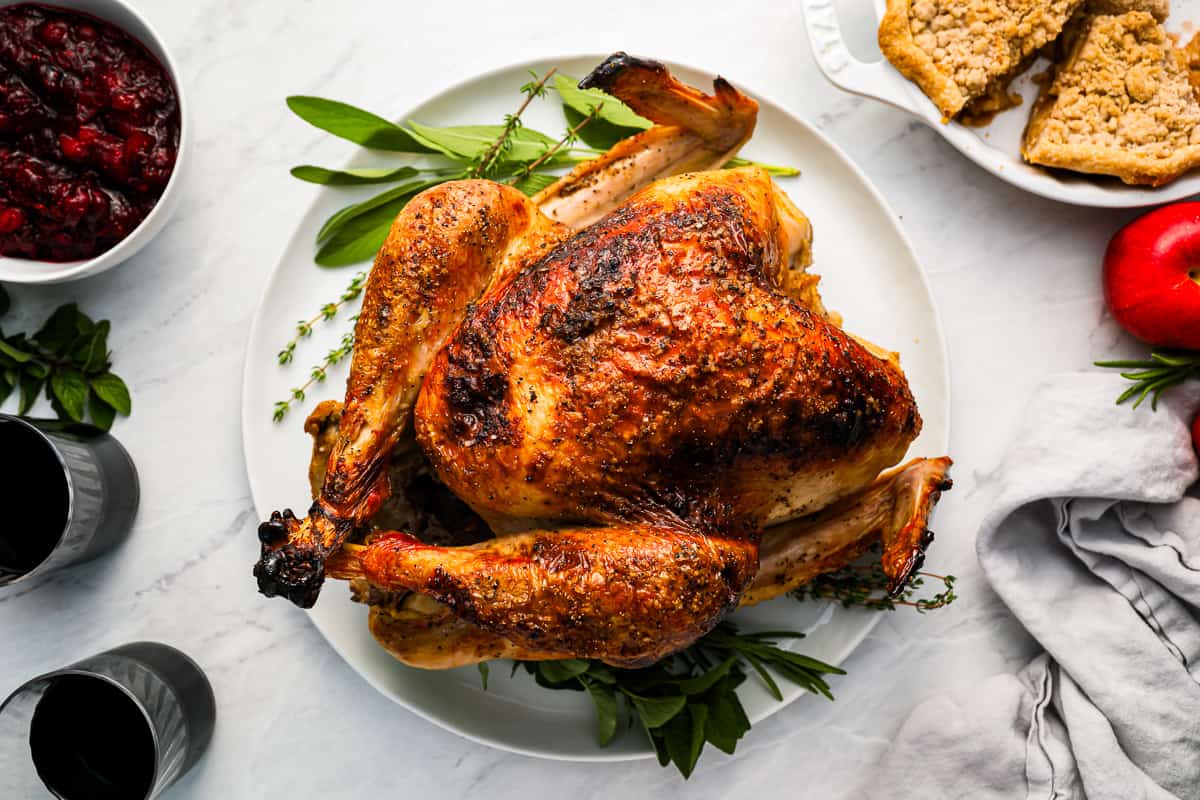 Thanksgiving turkey with cranberry sauce and cranberry sauce on a white plate.