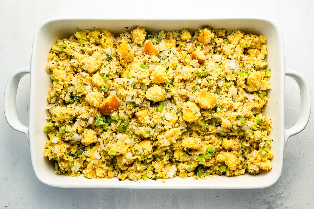 Cornbread dressing in a casserole dish.