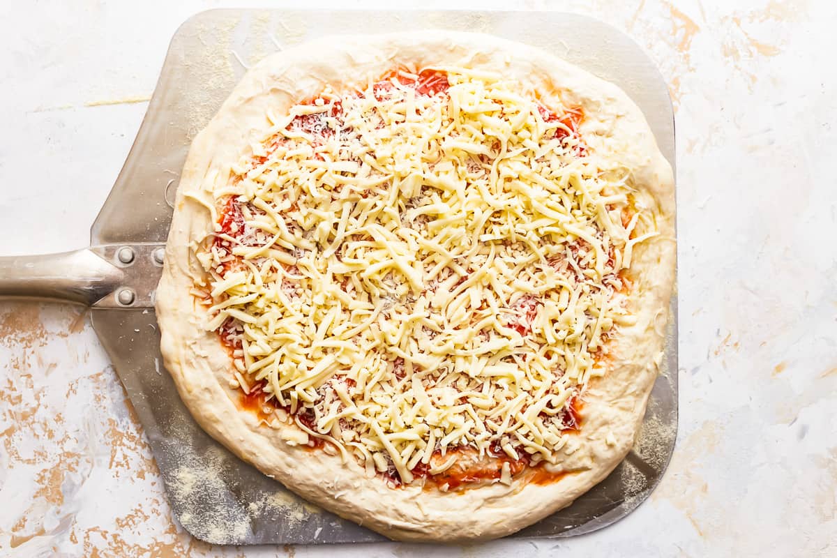 A pizza on a metal pan with cheese on it.