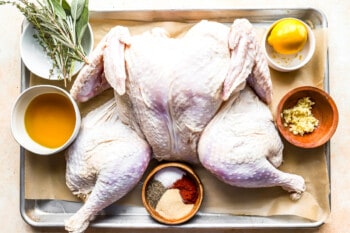 Roasted turkey with herbs and spices on a tray.