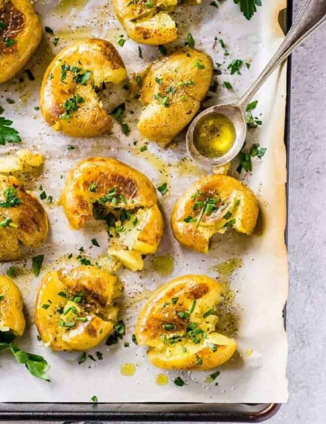 smashed potatoes on sheet pan