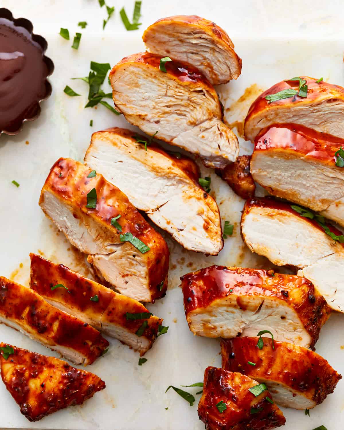 Sliced Air Fryer BBQ chicken breasts.