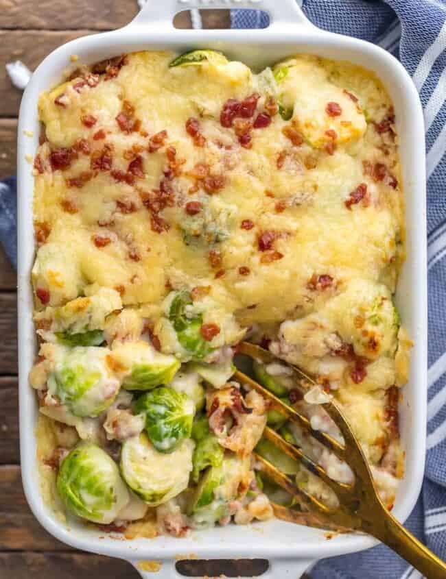 BRUSSELS SPROUT GRATIN with BACON is the ultimate holiday side dish! Who can resist brussels sprouts when sprinkled with bacon and SO MUCH CHEESE! The cream sauce inside is so easy and delicious, making this a Thanksgiving favorite for our family.