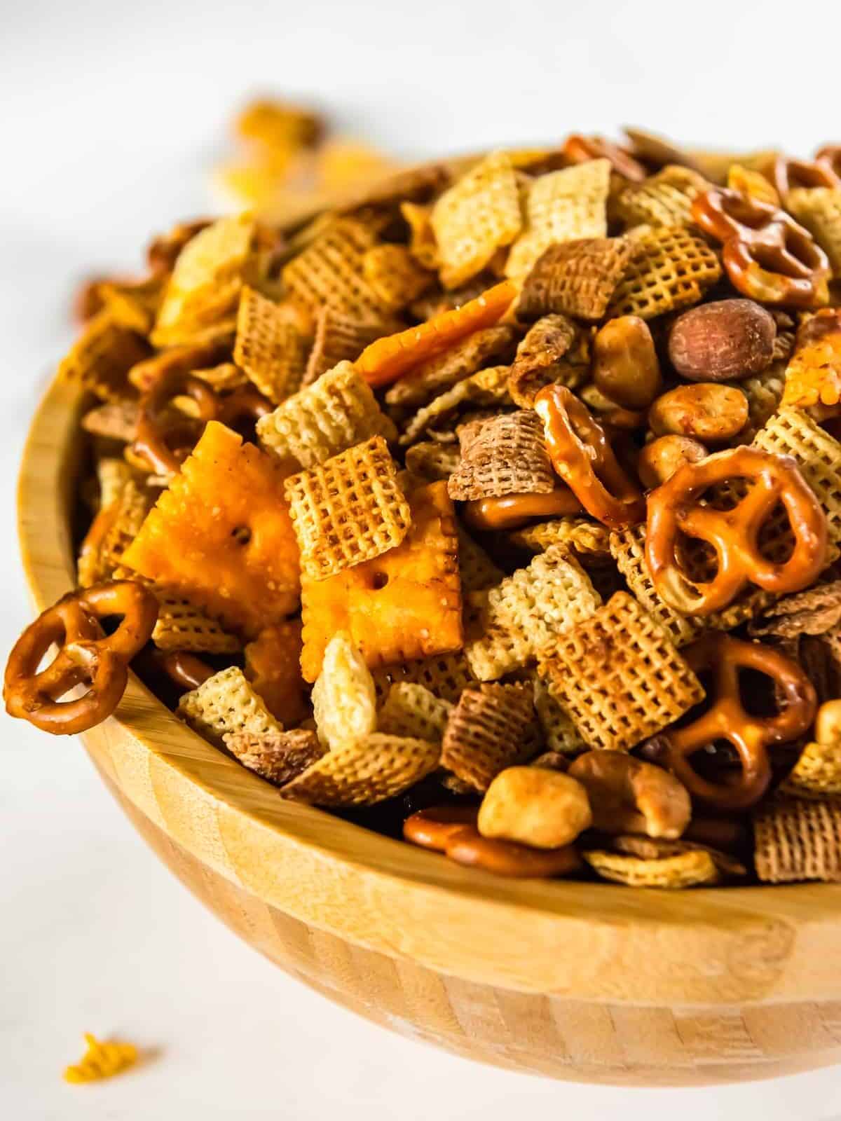 chex mix in a wood bowl