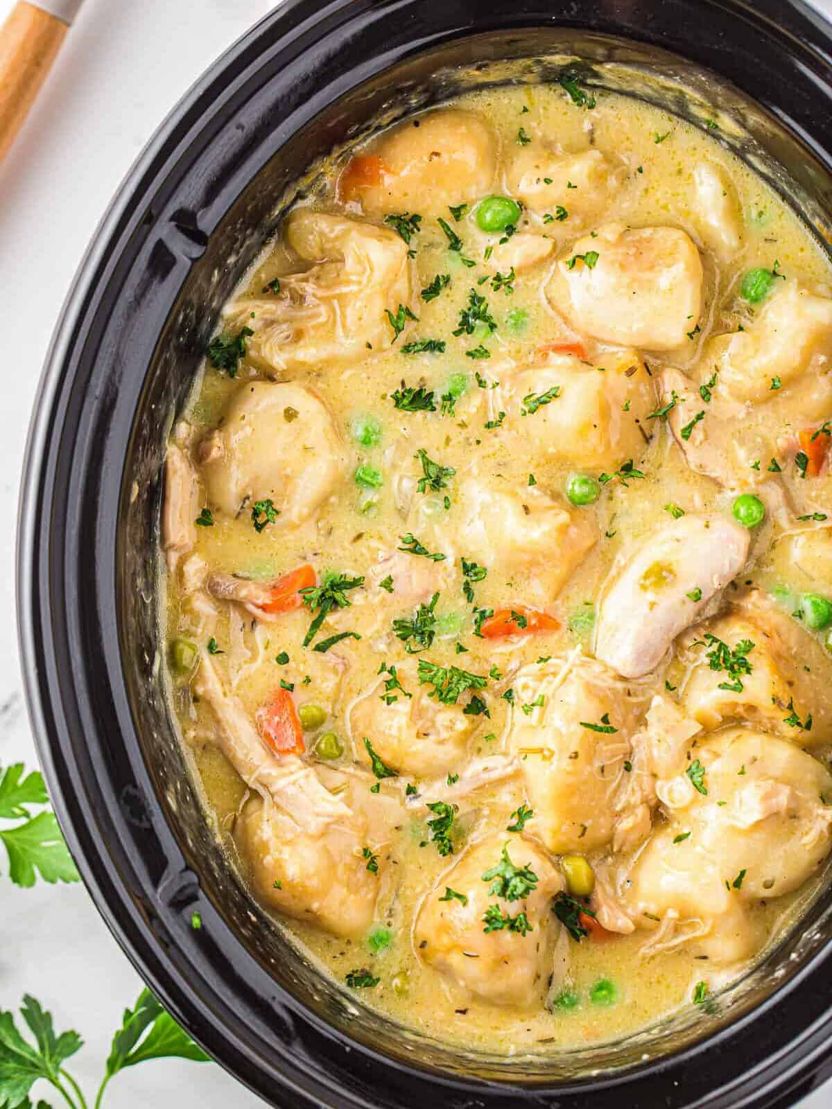 chicken and dumplings in a crockpot.