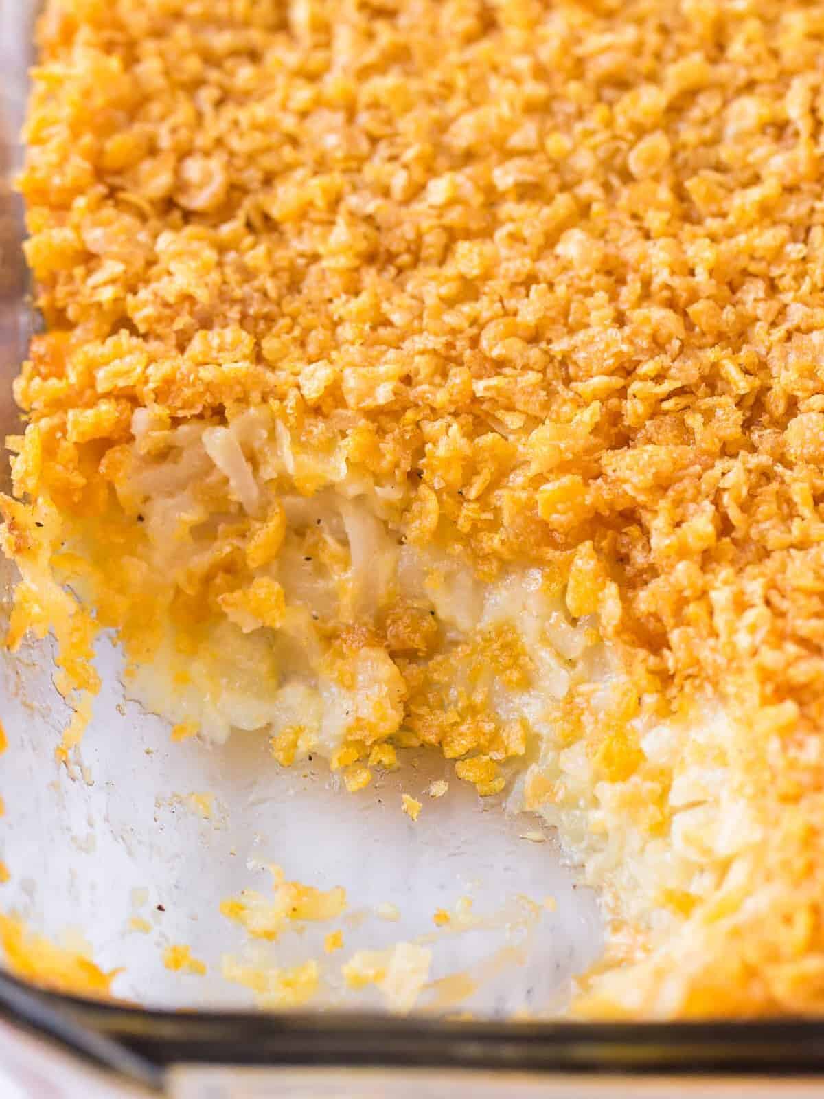 up close image of inside of funeral potato casserole