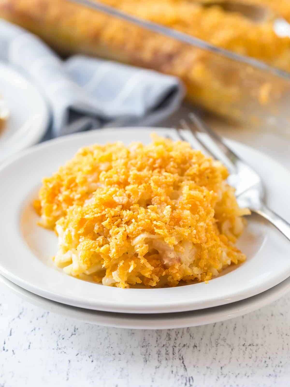 side shot of funeral potatoes on plate