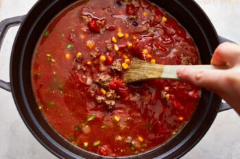 A person stirring a pot of soup with a wooden spoon.