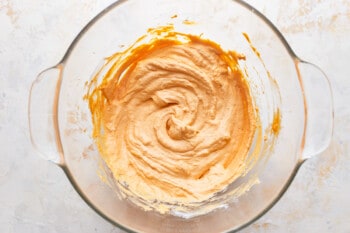 Pumpkin mixture in a mixing bowl.