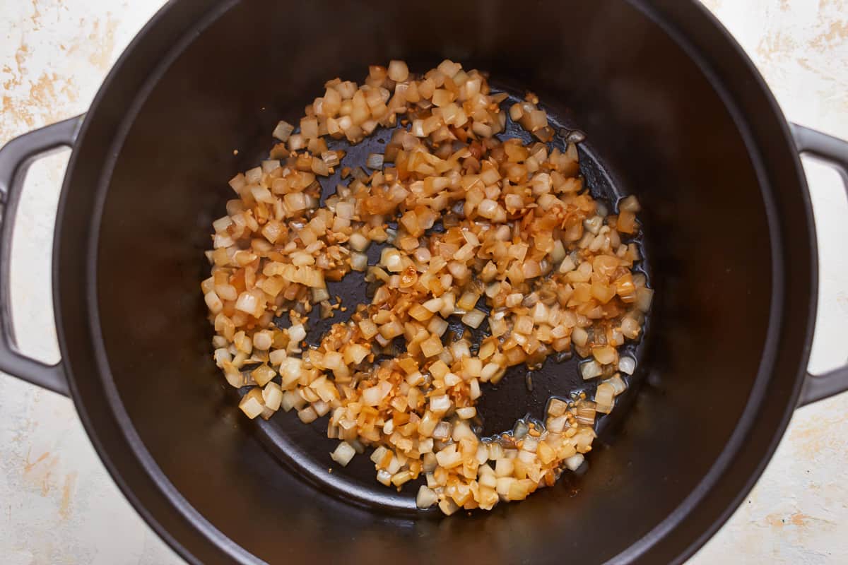 Sautéing onions in a dutch oven.