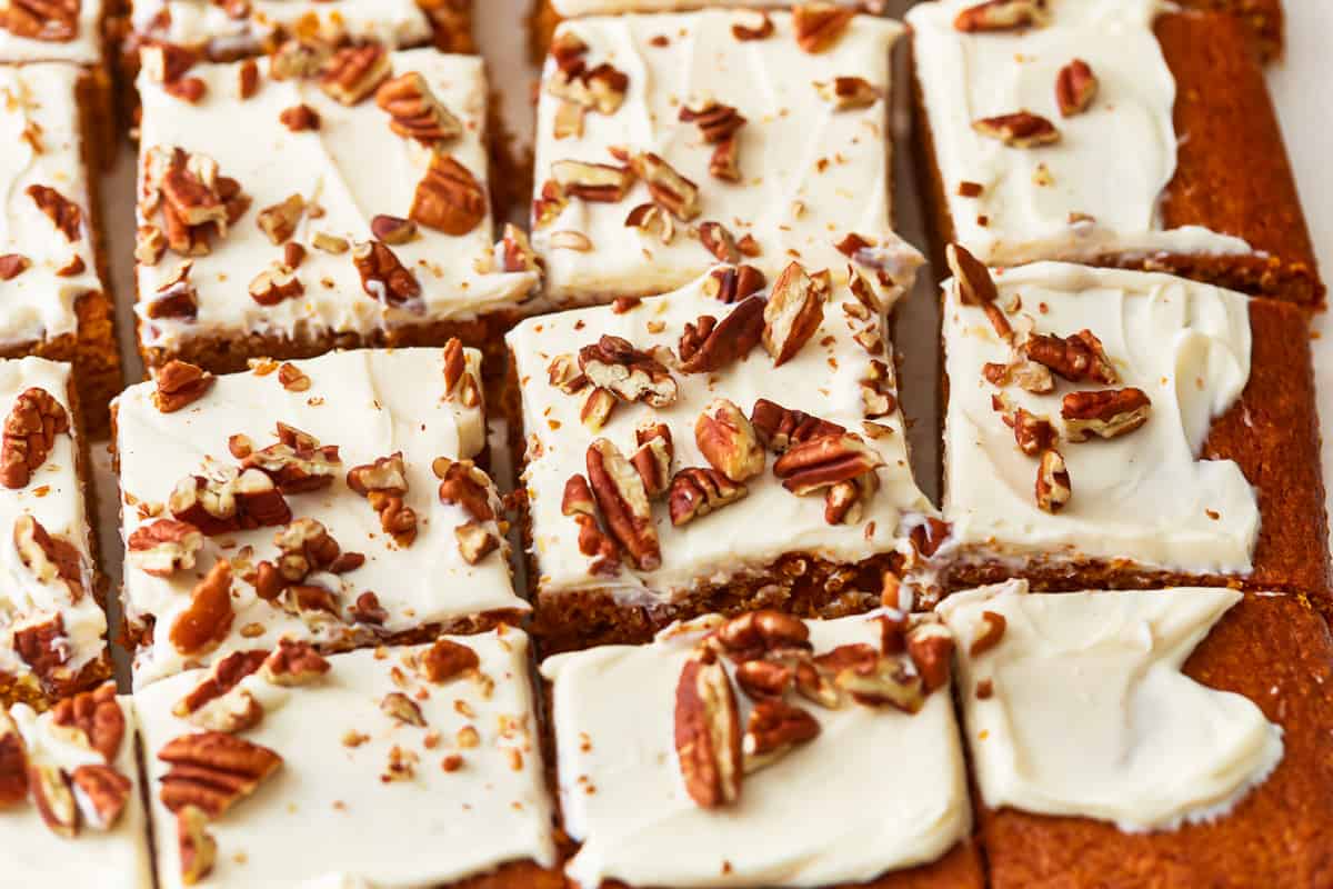 Pumpkin bars cut into squares.