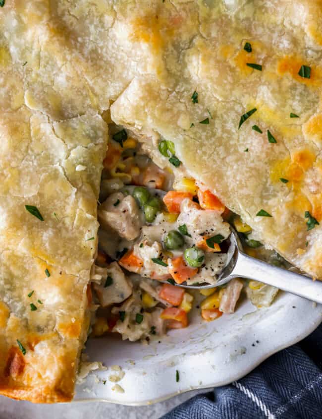 Turkey pot pie on a white plate with a spoon.