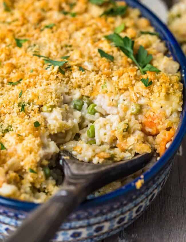 turkey and rice casserole in a dish with spoon