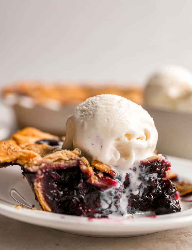 A slice of blueberry pie with ice cream on a plate.