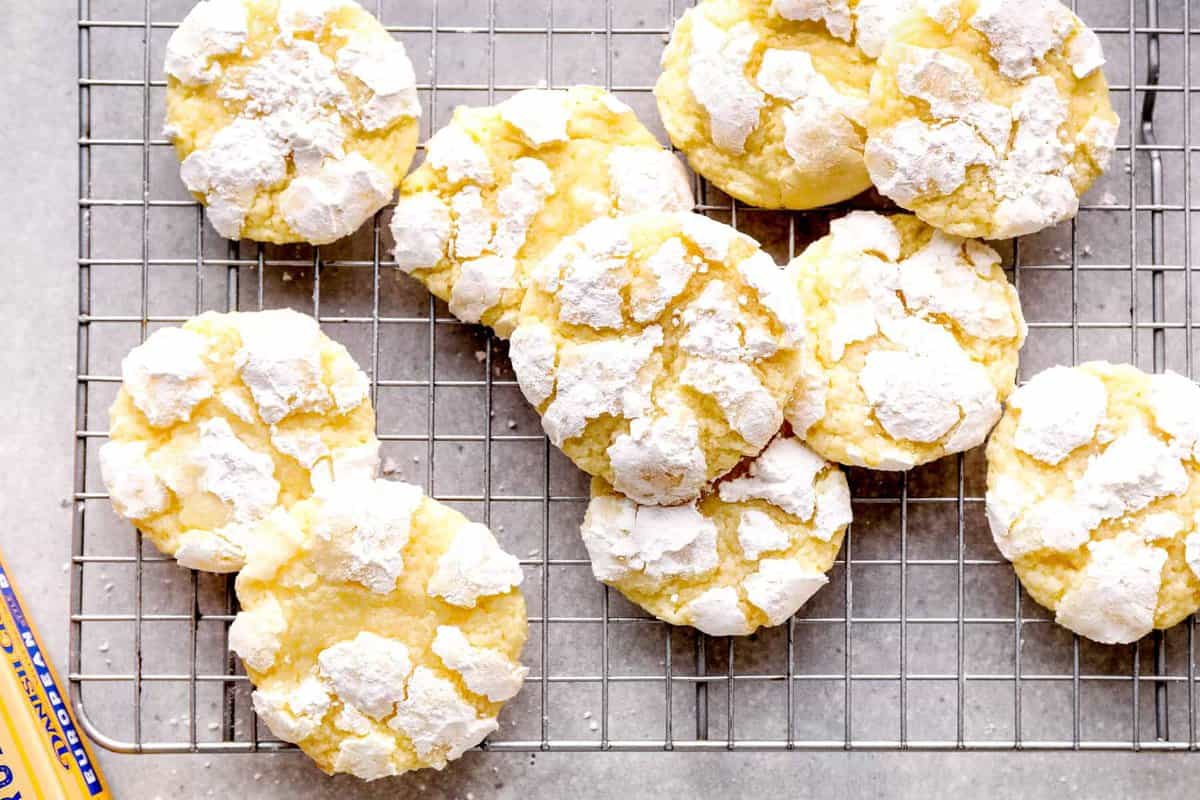 gooey butter cake cookies on cooling rack