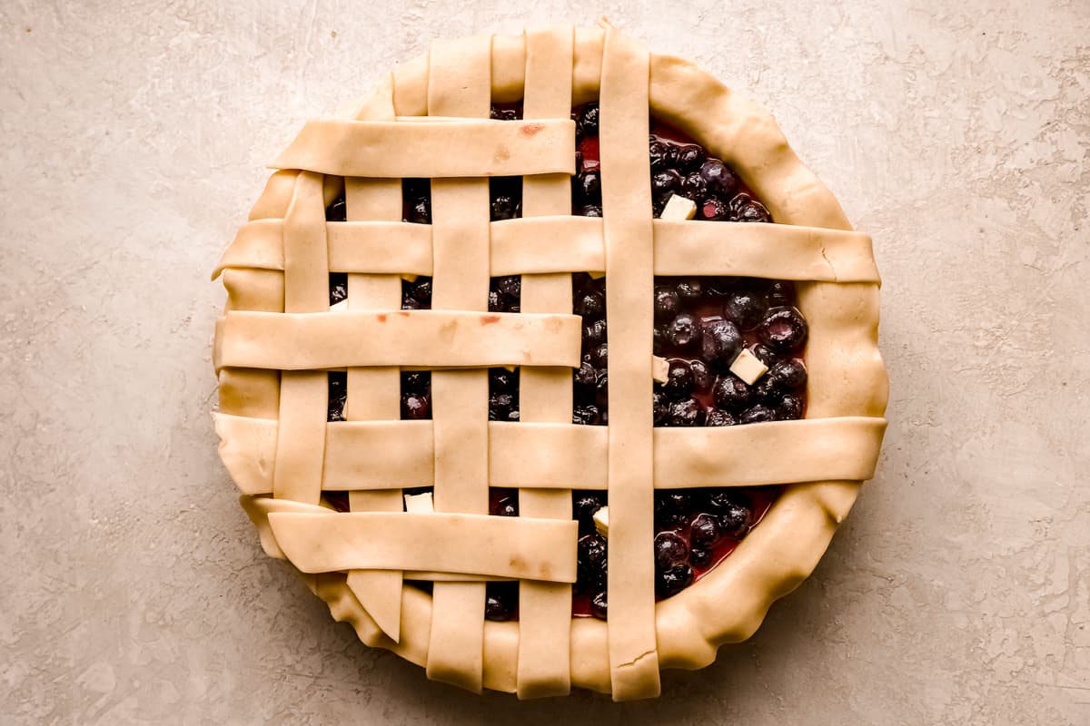 Lattice pie crust on a fruit pie.