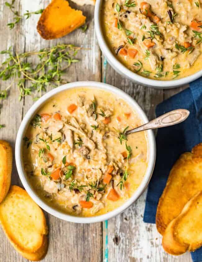 turkey wild rice soup in bowls