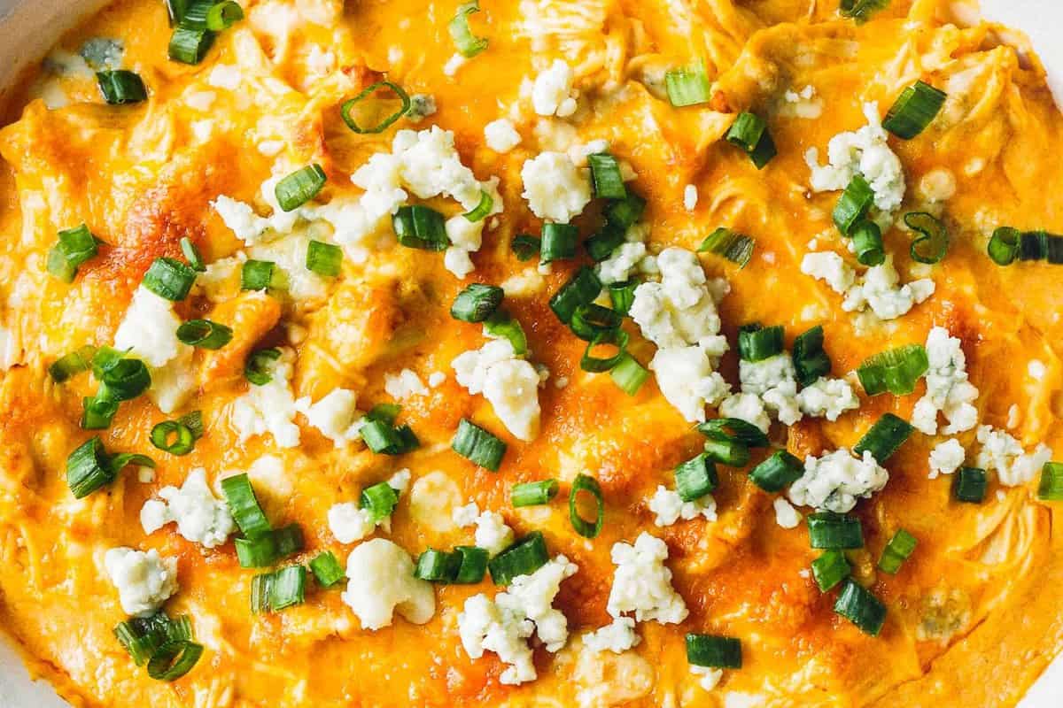 instant pot buffalo chicken dip with blue cheese in baking dish