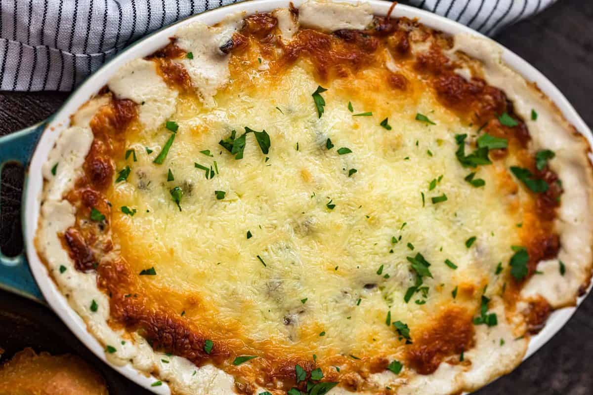 Philly cheesesteak dip in casserole dip.