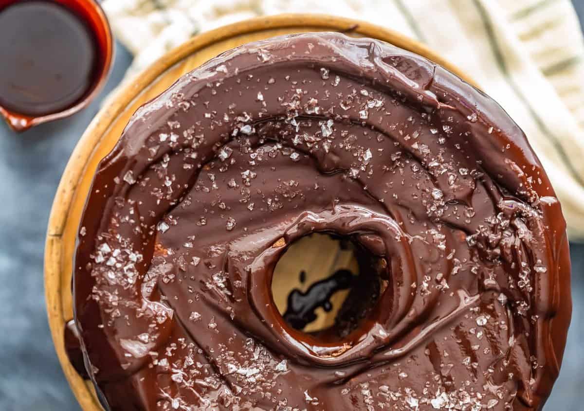 overhead view of a frosted chocolate tube cake