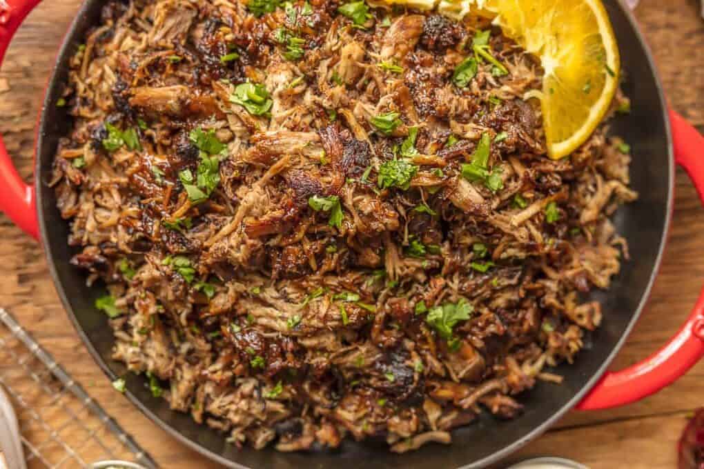 Pork carnitas in a skillet