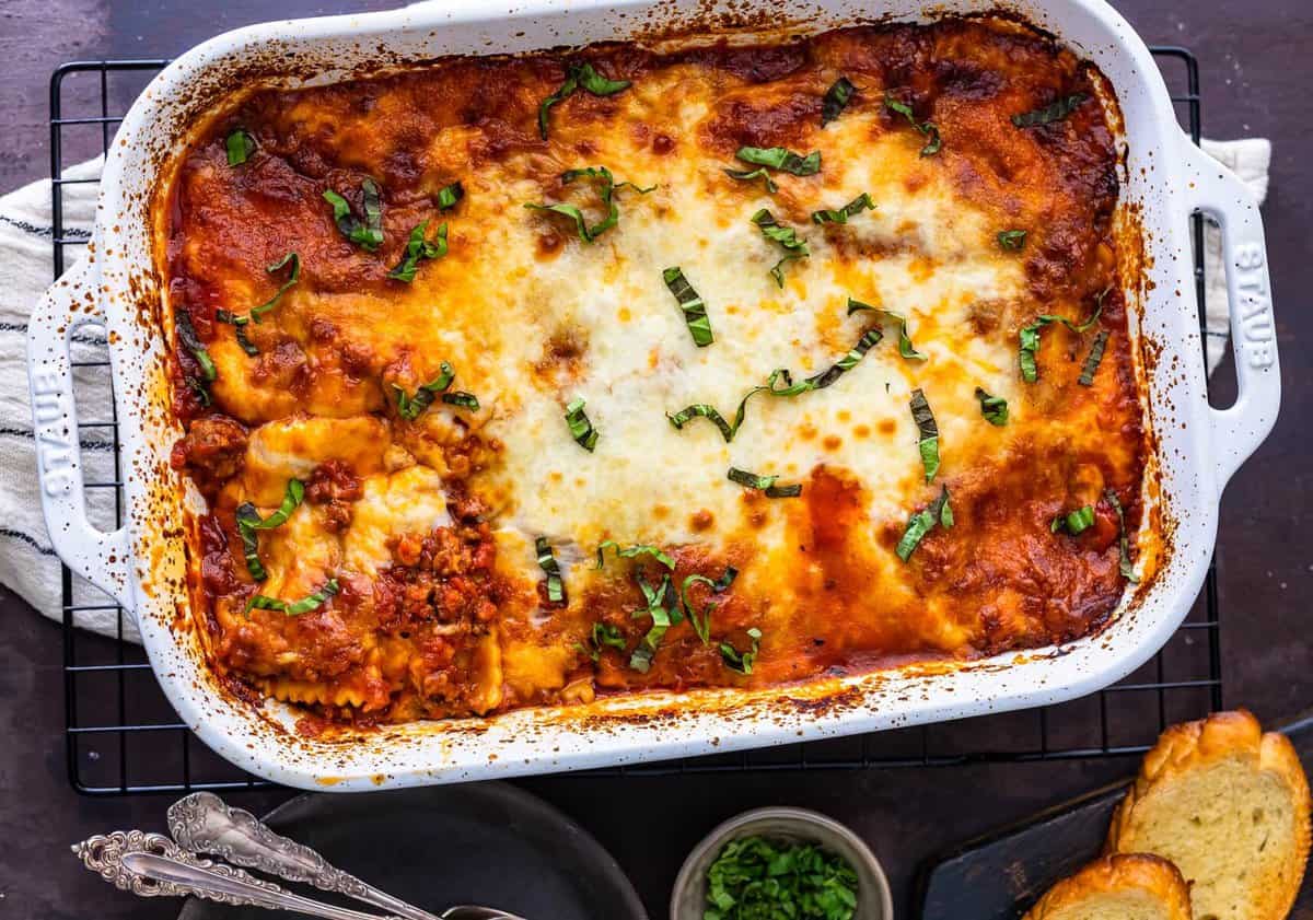 ravioli casserole sitting on a cooling rack