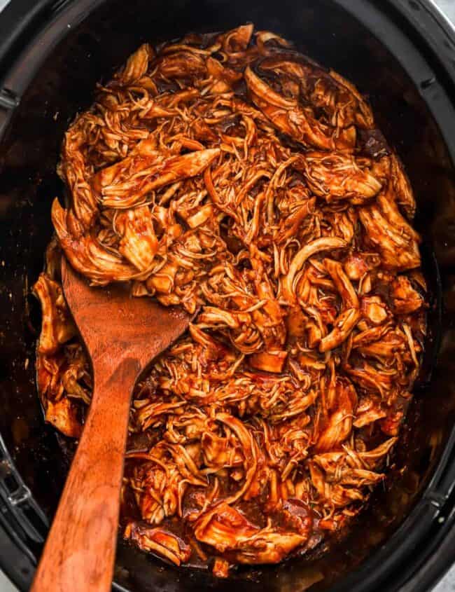 crockpot bbq chicken in slow cooker, shredded